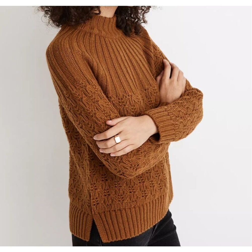 Madewell Mock Neck Chunky Knit Sweater Brown Rust Textured Ribbed Pattern Size M